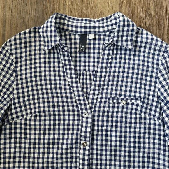 💙 Kut From the Kloth Waffle Fabric Cotton Checkered Roll Tab Sleeves Button Dow - Picture 3 of 8